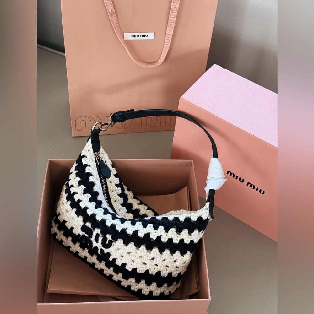 Miu Miu Black & White Crochet Hobo Bag